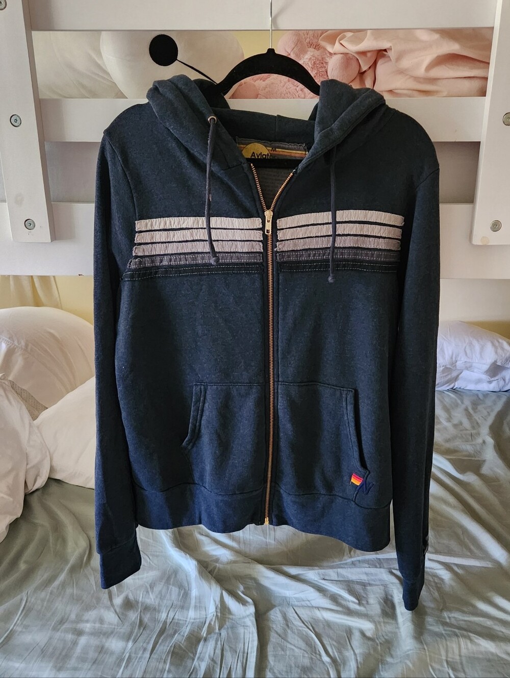 Aviator Nation Navy Zip Up Logo Striped Hoodie Jacket Size Med